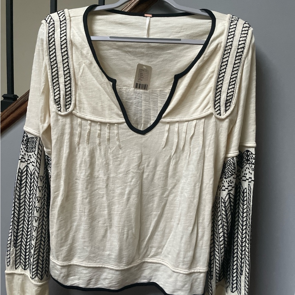 Free People Cream/White and Black Embroidered Blouse